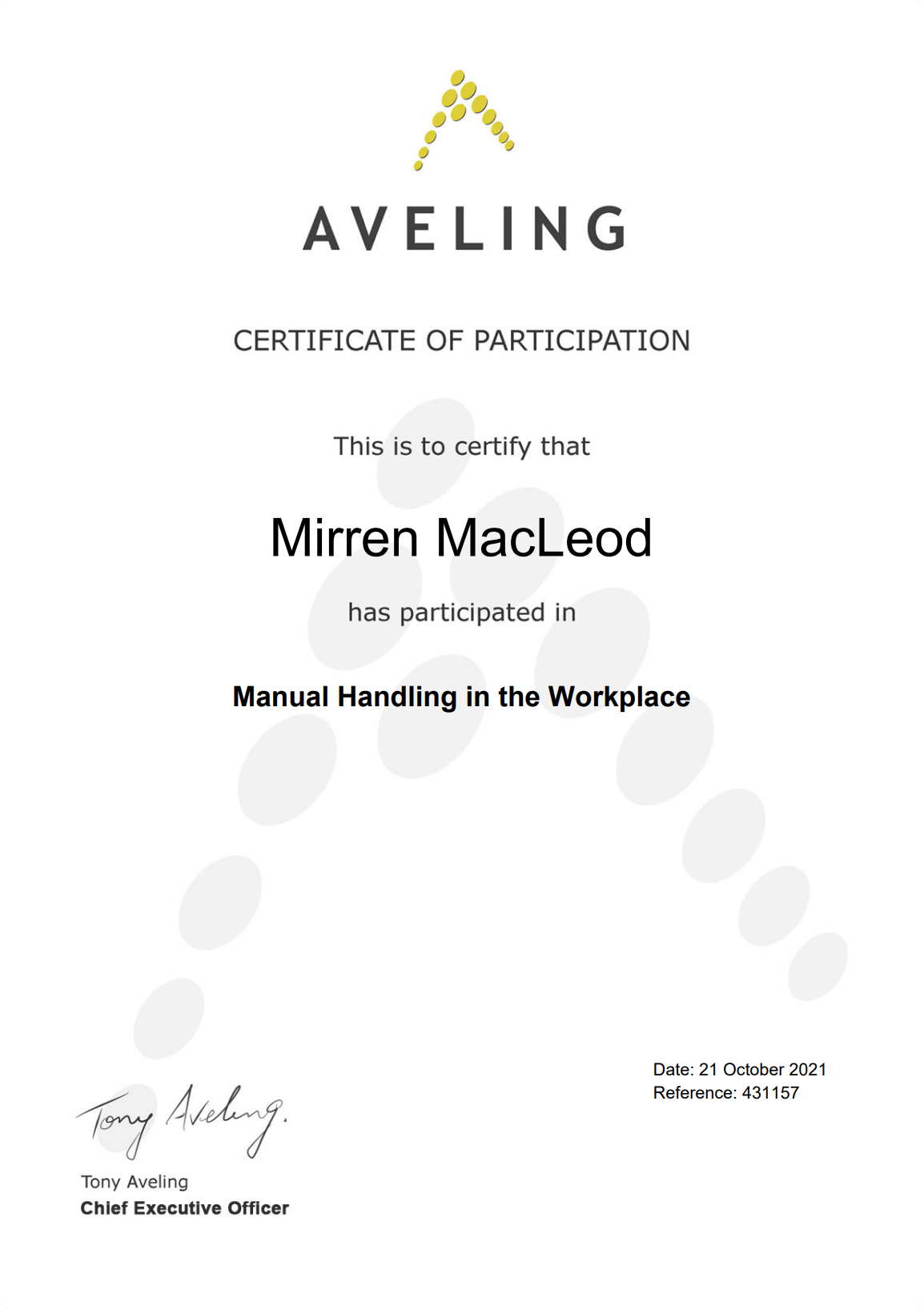  Certificates Manual Handling in the Work Place